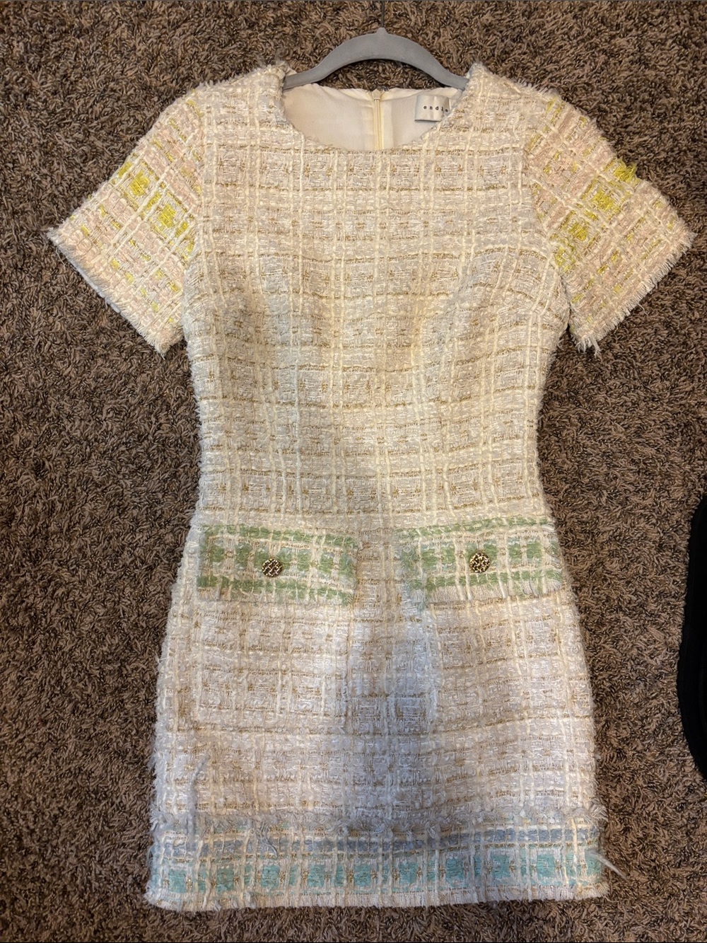 Endless Rose Cream Tweed Short Sleeve Shift Dress with Pastel Accents
